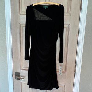 RALPH LAUREN Illusion Yoke Side Shirred L/S Black Sheath Dress NEW